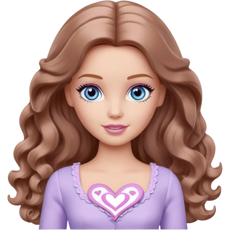 There are grey hearts all around Barbie girl Chestnut long wavy hair and blue eyes is In pale purple clothes emoji