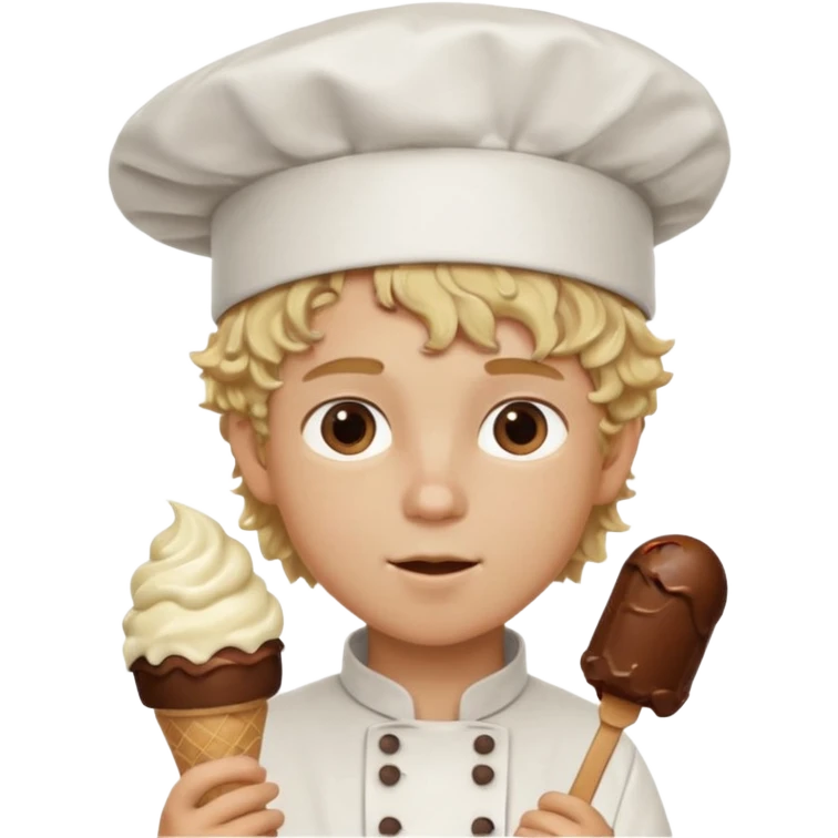 boy blonde curly hair, chef, eating chocolate ice cream emoji