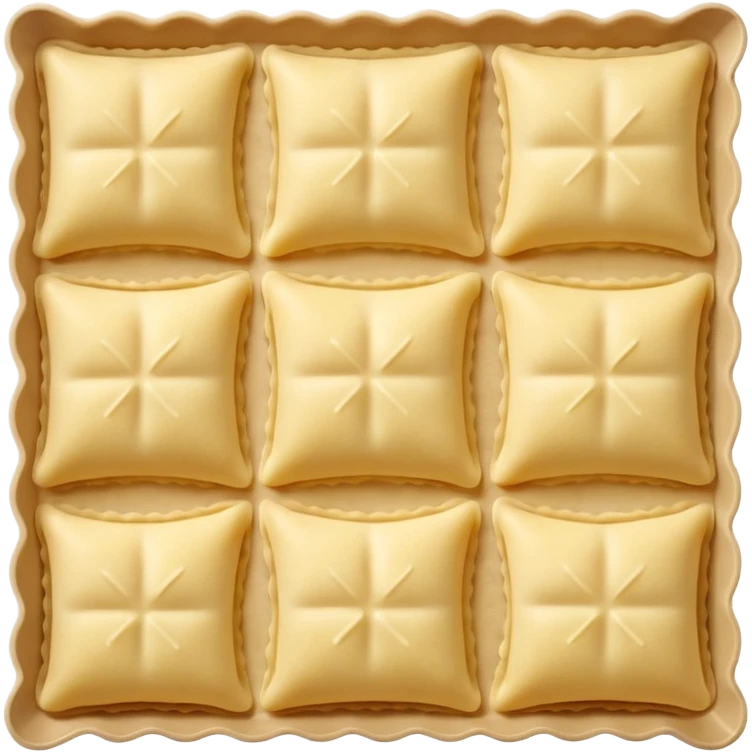 ravioli sheets small square pale yellow dough crimped edges central bump for filling smooth matte flour dusting loose overlapping scatter raw ravioli soft lighting emoji scale emoji