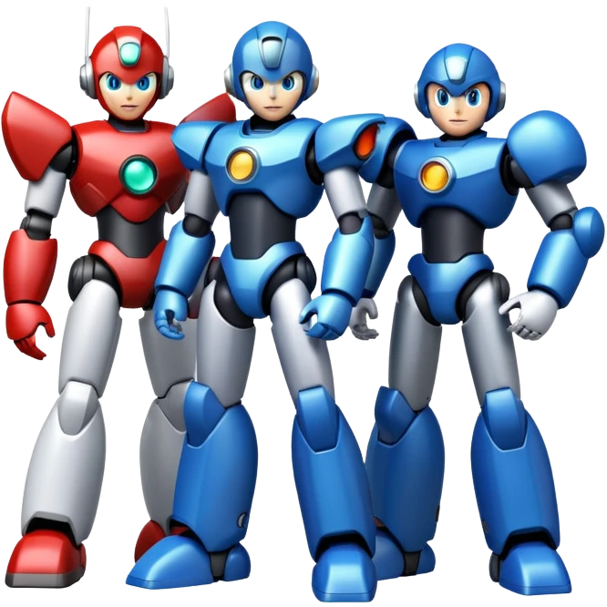 Megaman X, Zero, and Sigma as friendly robots standing together, video game characters emoji