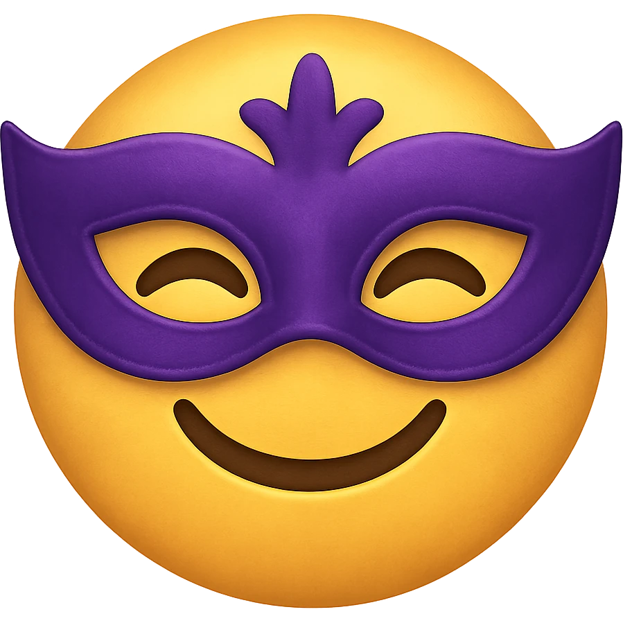 yellow face with purple masquerade mask emoji, digital illustration emoji