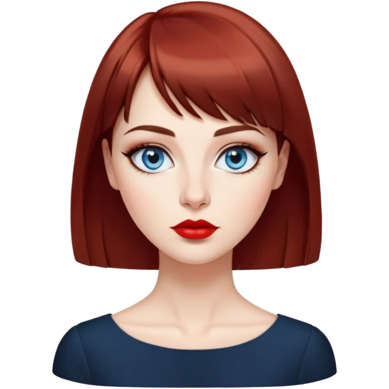 Creative woman with fair skin, oval face, striking blue eyes with dark eyeliner, thin eyebrows, small nose, full lips with bright red lipstick, dark auburn hair with straight bangs, wearing an elegant black blouse, artistic expression emoji