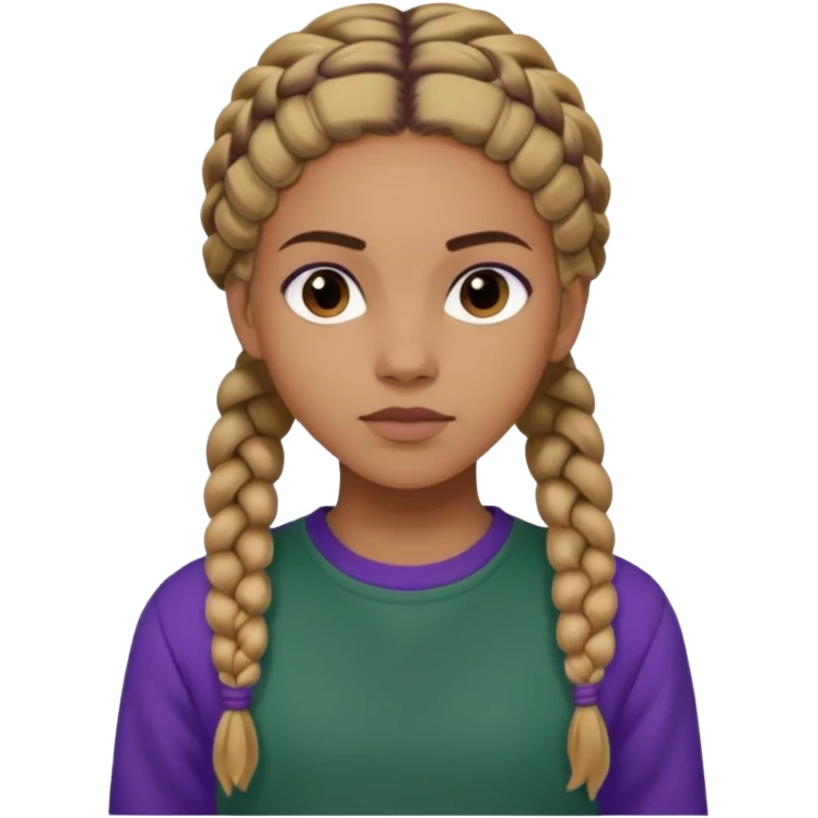 Black Annabeth chase as Leah Jeffries brown hair with braids dark green shirt with purple sweat shirt emoji