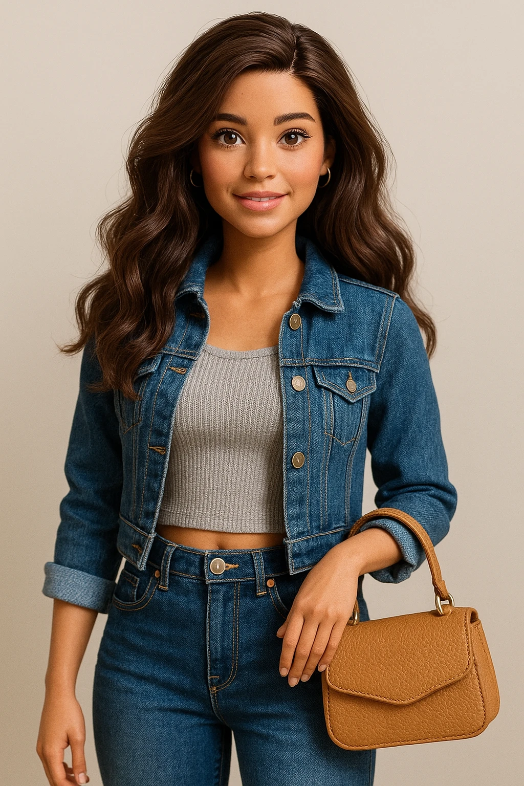 Barbie with wavy brunette hair, trendy outfit, holding a purse, friendly expression emoji