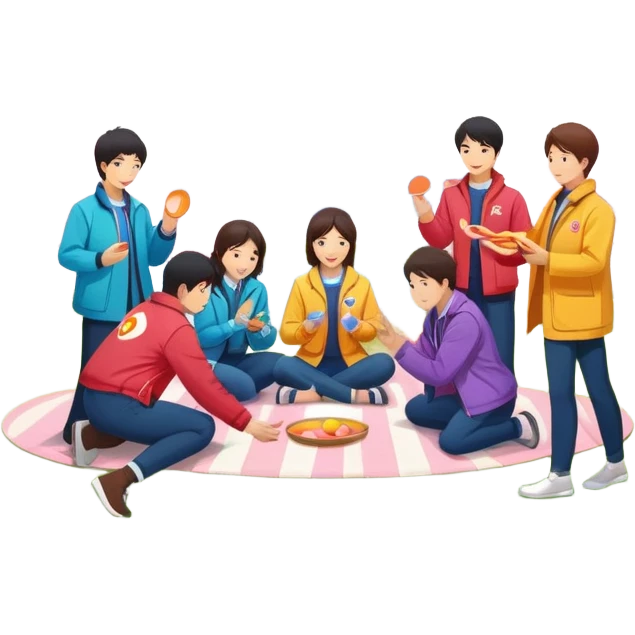 "East Asian colleagues in color-coded jackets picnic, play frisbee, and take group photos under cherry blossoms. Cloud-shaped Sunlord logo in background. Circular minimalist style." emoji
