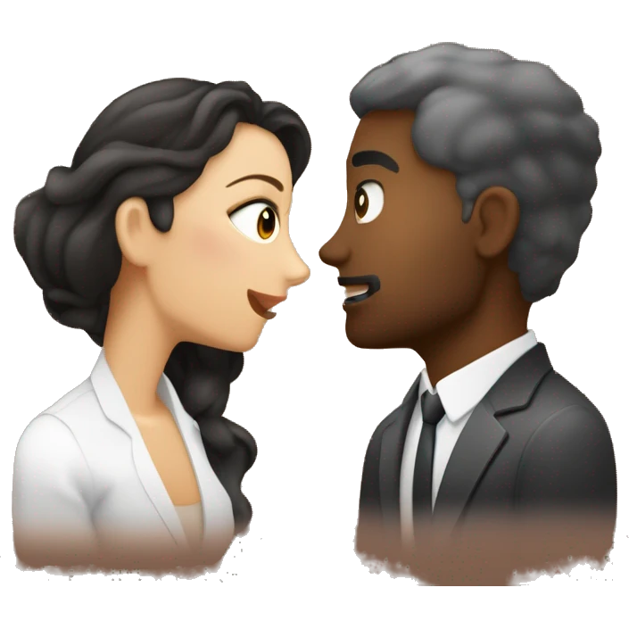 Una pareja dándose un beso el hombre que sea blanco ojos rasgados pelo café muy claro y rulos y la mujer blanca pelo negro largo con rulos en las puntas y ojos rasgados emoji