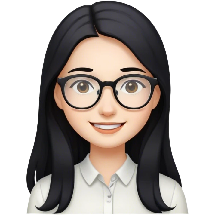 Chica sonriendo con blusa color blanca, cabello largo negro, y con gafas  emoji