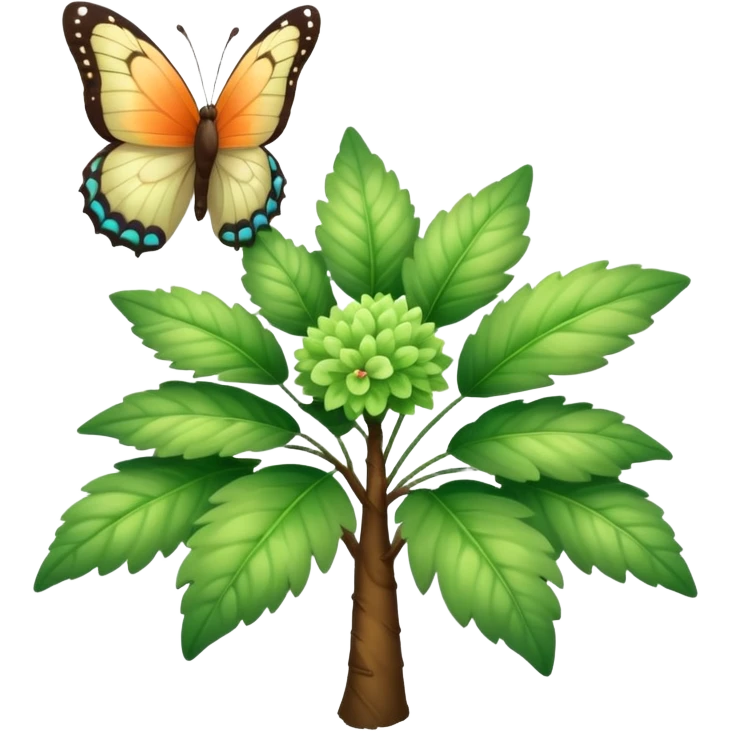 A fluffy bush with soft light-green foliage and a small butterfly emoji