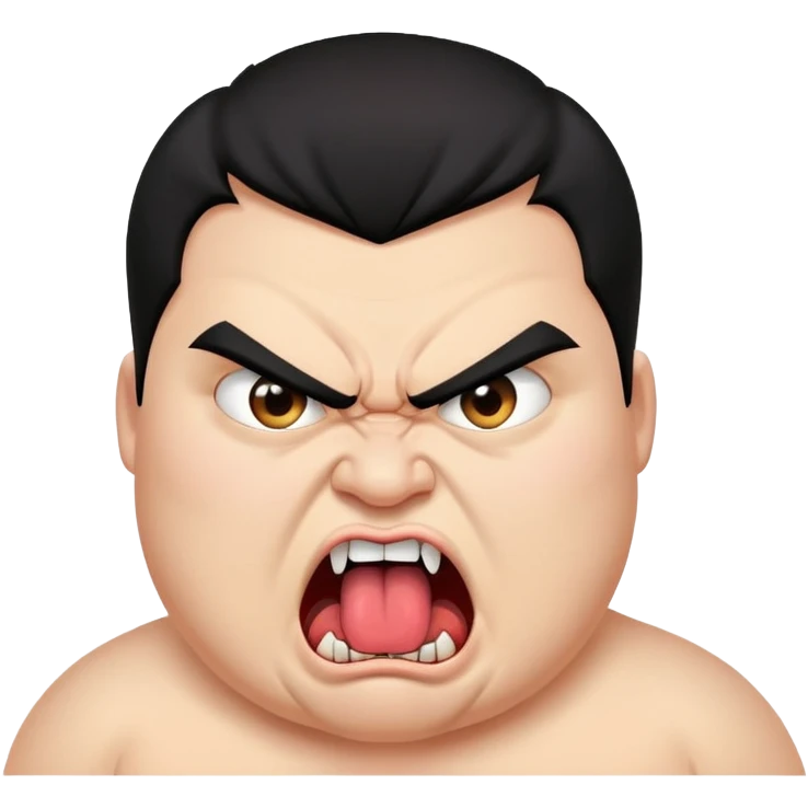 young angry fat man in profile view with black hair, fangs, crossed eyes, long tongue sticking out emoji