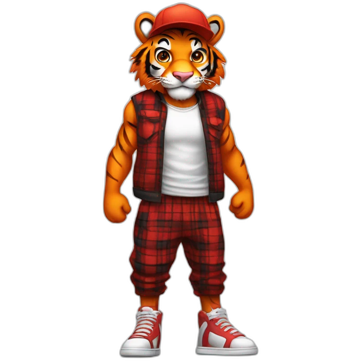 Anthropomorphic Humanoid muscular tall fuzzy male orange tiger, wearing white tanktop, red snapback cap, black sweatpants, red sneakers, red plaid cloth, happy emoji