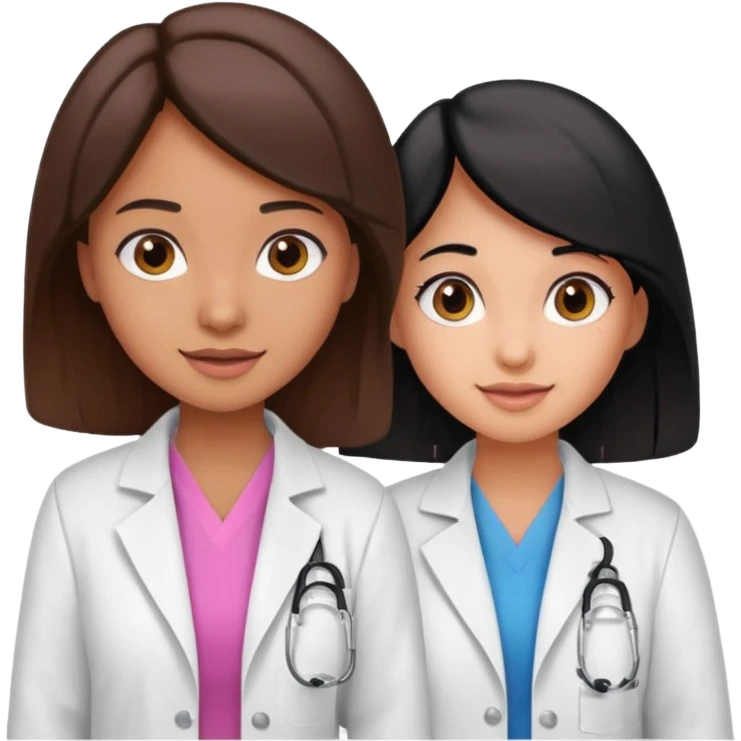 cientificas con blusa rosa y bata blanca felices, una chica con pelo marrón y otra chica un poco mas pequeña como una niña con pelo negro, deben tener la piel un poco bronceadas emoji