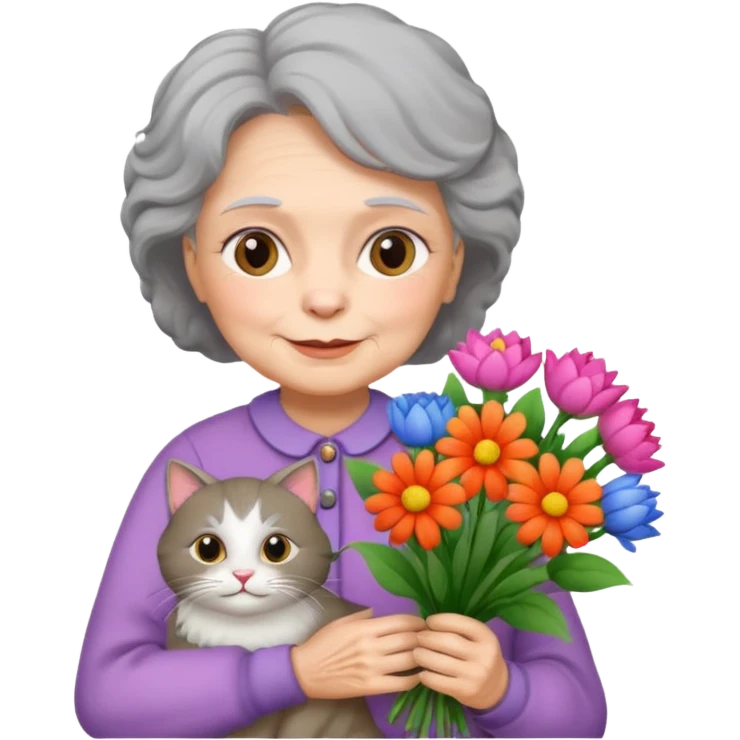 old woman holding bouqet and cat emoji
