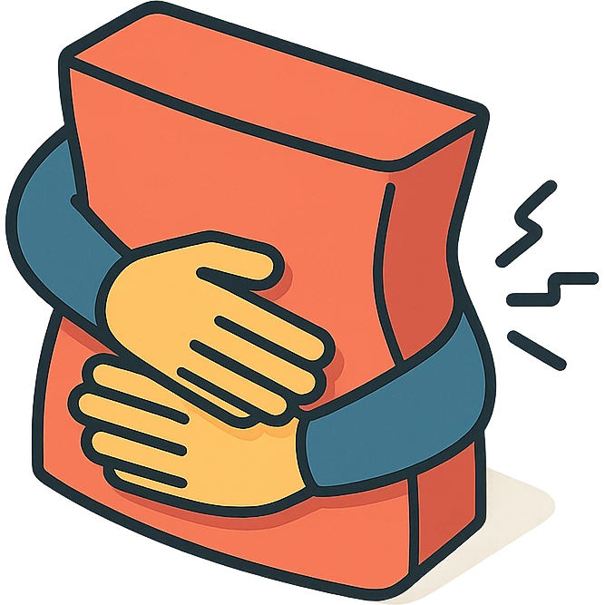 close-up of a person's stomach with hands crossed over it protectively, showing pain, only the stomach and hands, no face, 2D isometric illustration style emoji