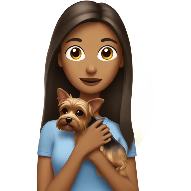 Brunette woman holding yorkie in sunlight emoji