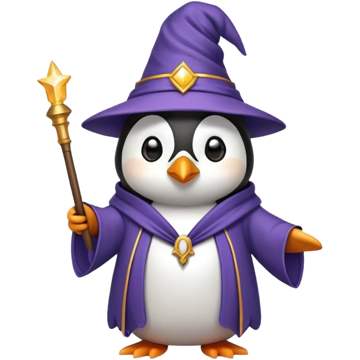 penguin wearing a wizard hat and robe, holding a magic wand emoji