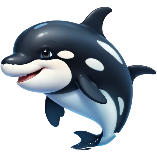 Cinematic Cute orca Portrait Emoji, Head tilted playfully and inquisitively, featuring a smoothly rounded body with bright, sparkling eyes and an adorable, friendly smile, Simplified yet irresistibly adorable features, highly detailed, glowing with a warm, ocean-blue glow, high shine, affectionate and lively, stylized with a touch of whimsical aquatic charm, soft glowing outline, capturing the essence of a mischievous yet endearing orca that seems as if it could leap right into your heart! emoji