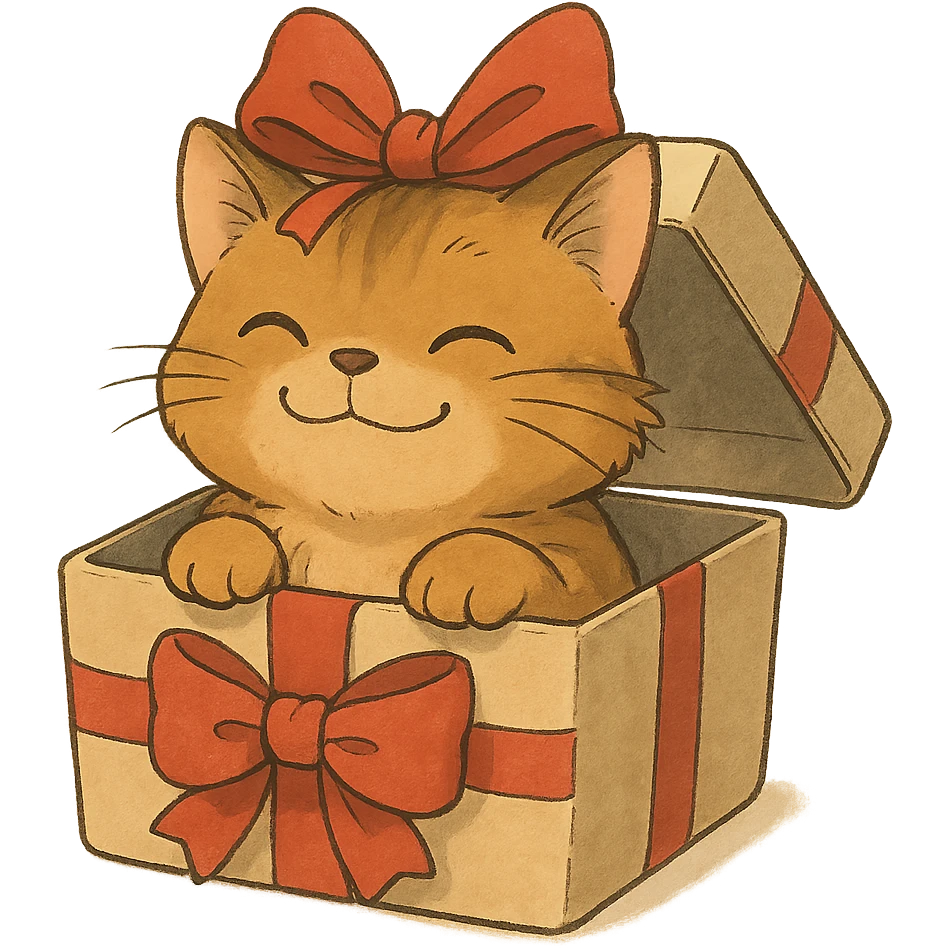 cat inside a gift box with a ribbon on head, smiling, soft Ghibli style emoji