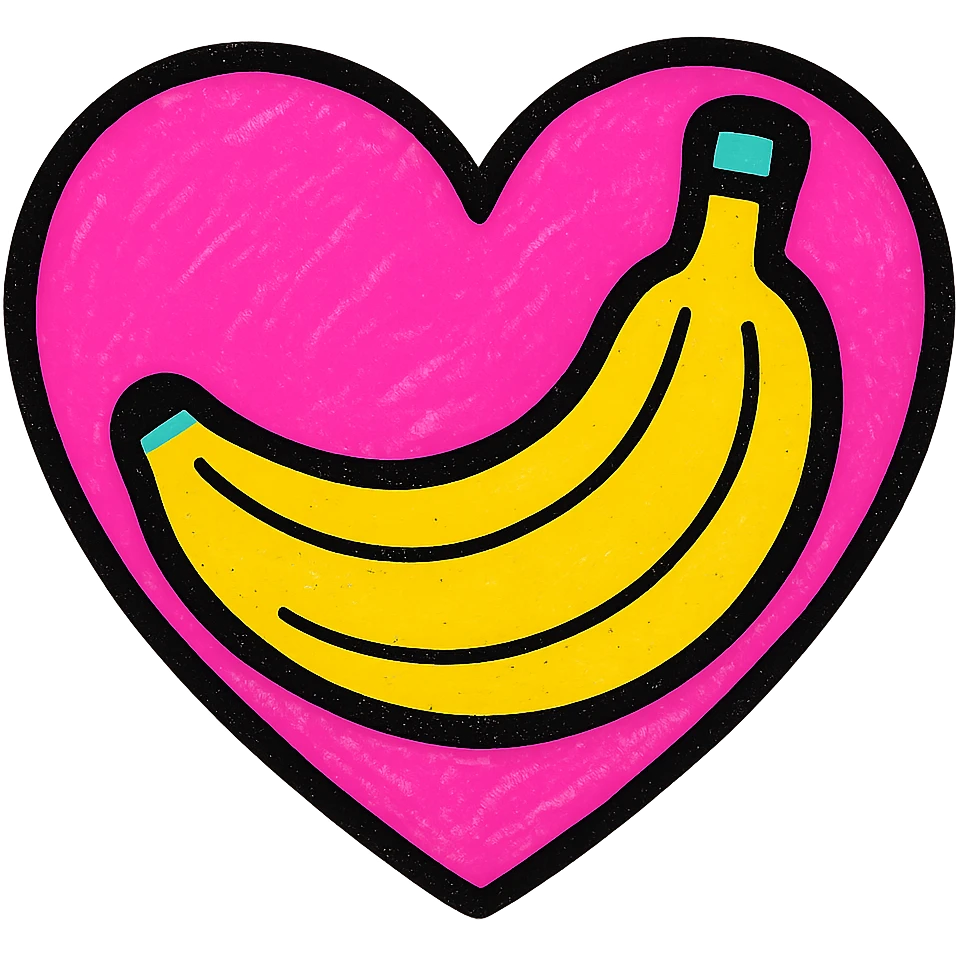 a banana in a heart, bold and colorful emoji
