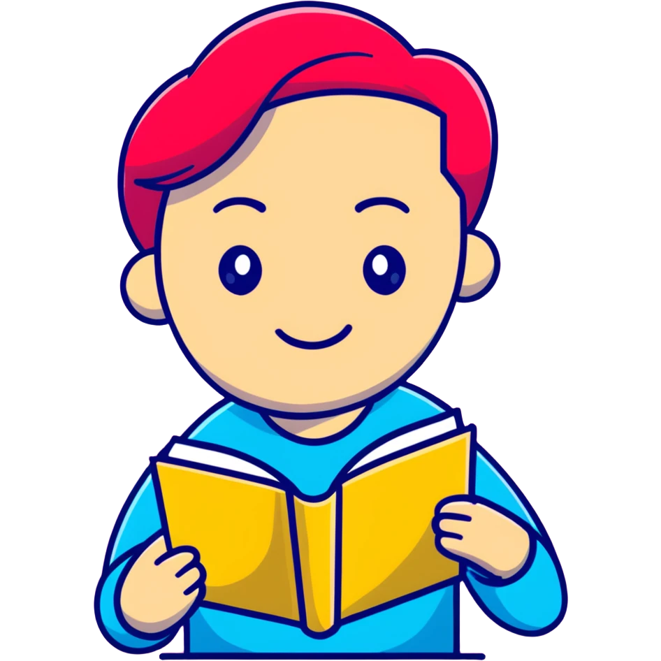 cartoon psychologist character with raised eyebrow, holding a book titled existentialism or life as a project, thoughtful expression, pink red yellow palette emoji