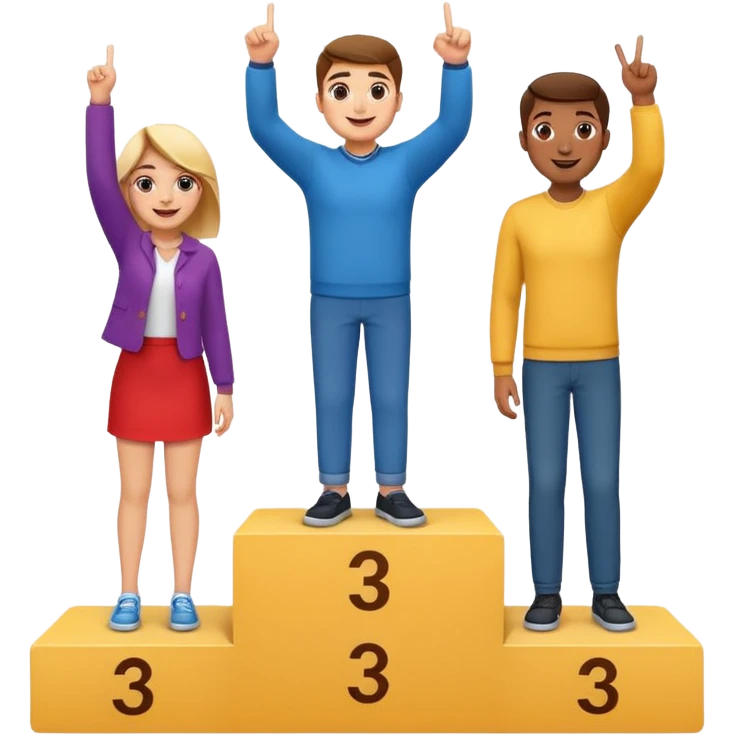 three casually dressed people on a winners podium with no numbers, middle step higher, each on their step, center person holds up one finger on each hand, fun expressive cheerful emoji style emoji