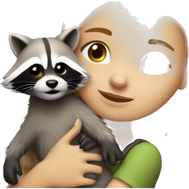 Blonde girl cuddles with a racoon emoji