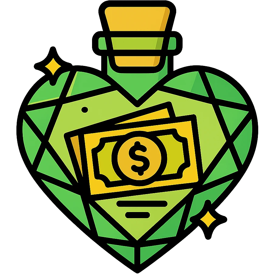 Change the heart-shaped bottle color to a luxurious, rich #c0ff53 green. Add more luxury and golden details while maintaining the diamond effect. Include a money motif inside the bottle. Remove the background. emoji