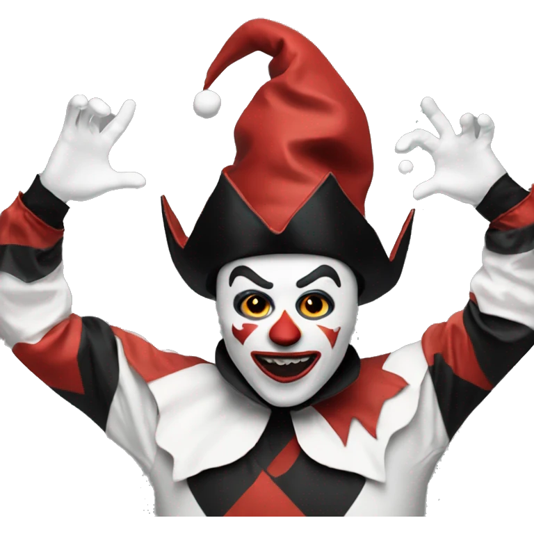Red, black, and white jester juggling scary emoji