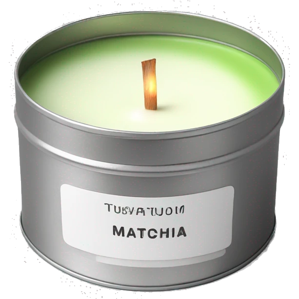 matcha scented candle in a silver tin with a small white label realistic emoji