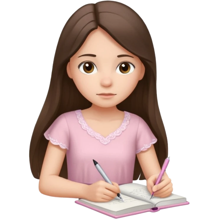 white brunette teen long hair with hazel eyes in a light pink dress writing in a notebook emoji