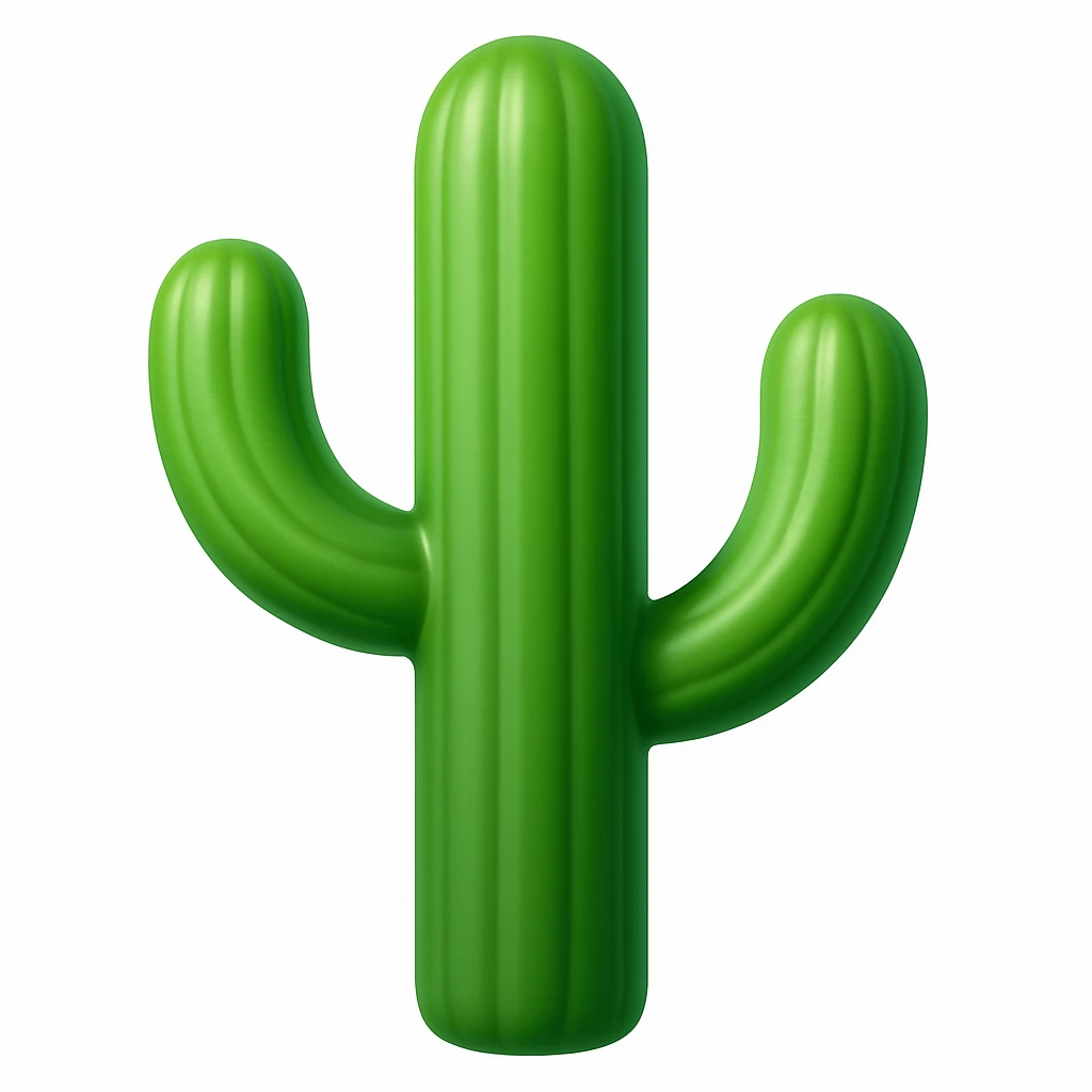 Create a cactus emoji that looks exactly like the reference image in iOS emoji style. The emoji should have 3D appearance, shiny surface, smooth gradients, soft shadows, and a realistic cactus shape with a classic emoji look. Add a glossy effect to the cactus surface. emoji
