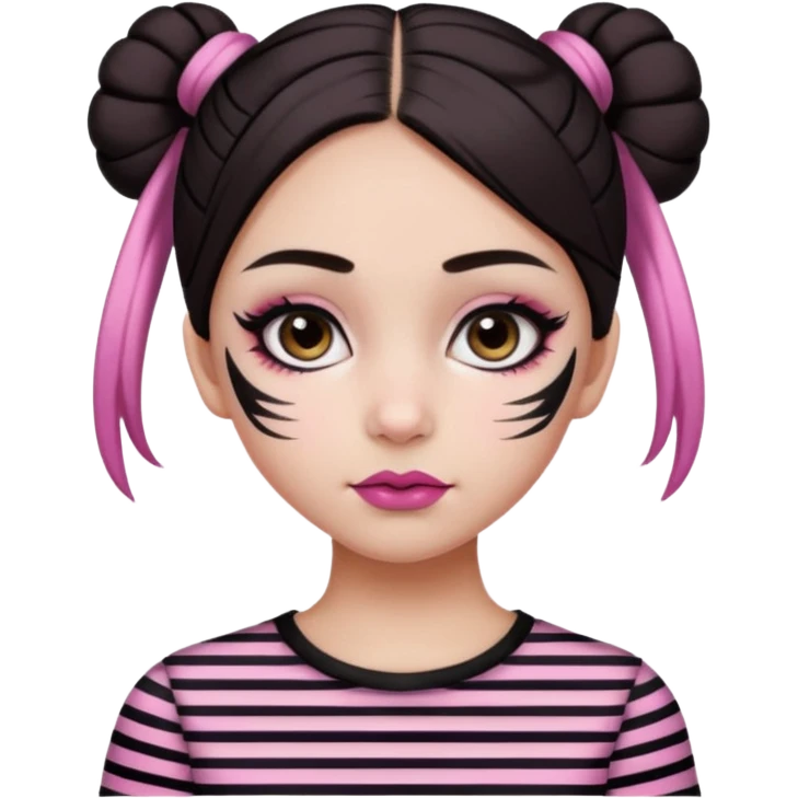 generate a pretty fair bratz girl with dark brown eyes. Dark brown hair straight hair with pink highlights tied into buns.  eyeliner. black lipstick. Wearing a white and black striped top emoji