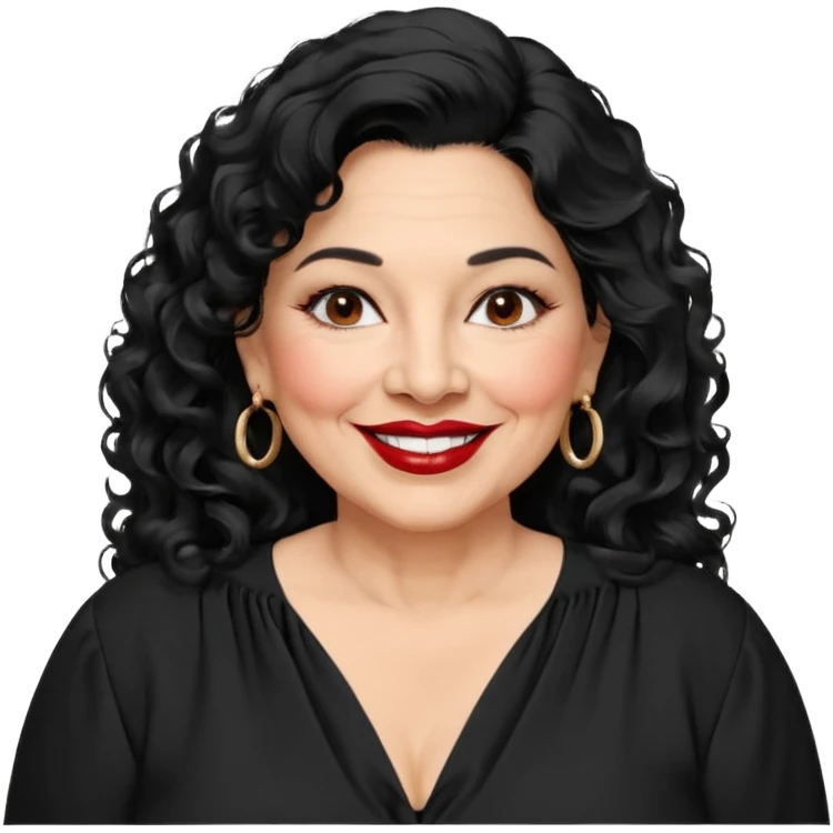 60 yr old Mexican woman, slightly chubby, wavy/curly long black hair, red lipstick, big smile, white teeth, brown eyes, hoop earings, side part to hair, round face, nice blouse, no wrinkle hair side swept, big hoop earing emoji