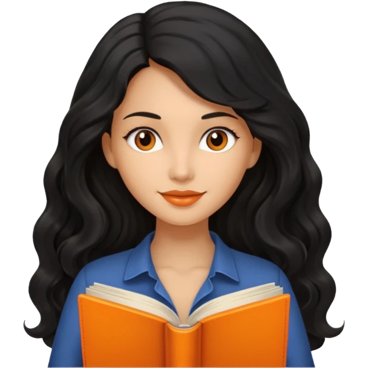 Long Hair Women with orrange Book, Black wavy hair emoji