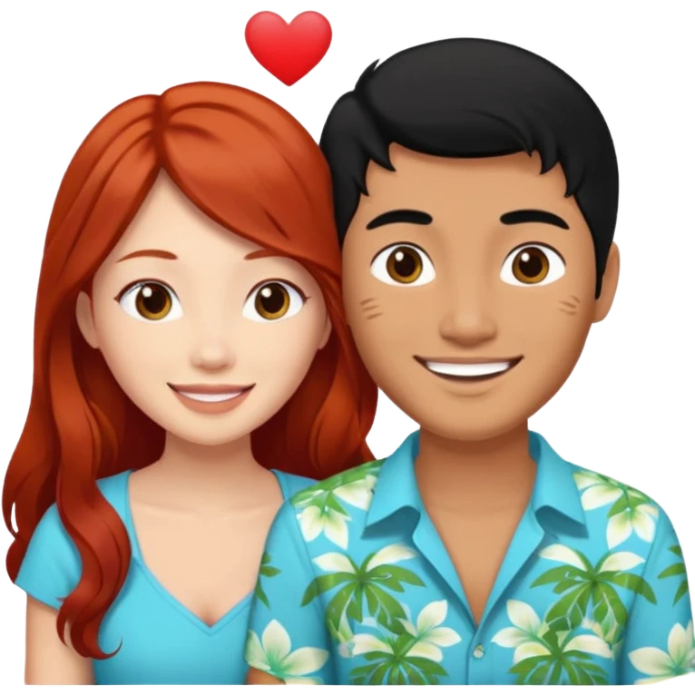 long black haired asian man in love with redhead girl in fiji emoji