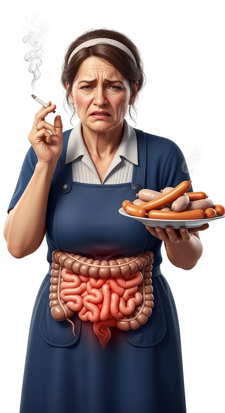 UNA DONNA REALISTICA CON UNA SIGARETTA IN MANO E UN PIATTO PIENO DI WURSTEL E SALSICCE NELL'ALTRA MANO, INTESTINO ANATOMICO INFIAMMATO VISIBILE, MAL DI PANCIA, ISOLATA SU SFONDO BIANCO, IPERREALISTICA 4K emoji