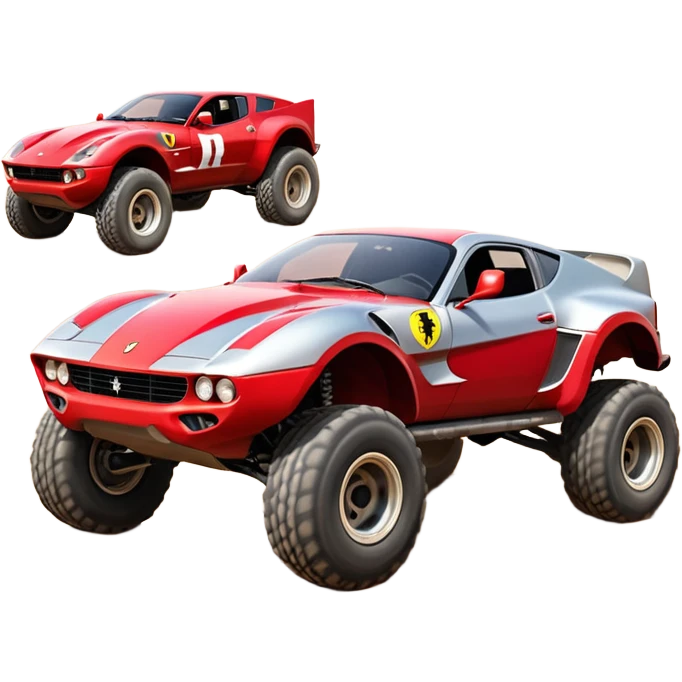 Satan’s evil Ferrari-colored Dirty and dented Local Motors Rally Fighter off road race car hot rod trophy truck-style basher flying on a dusty road (silver wheels) emoji