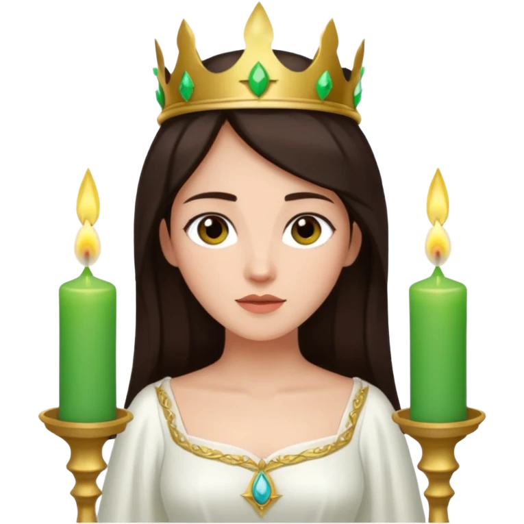 saint lucia with dark brown hair with a white gown and a green crown with candles on the crown emoji