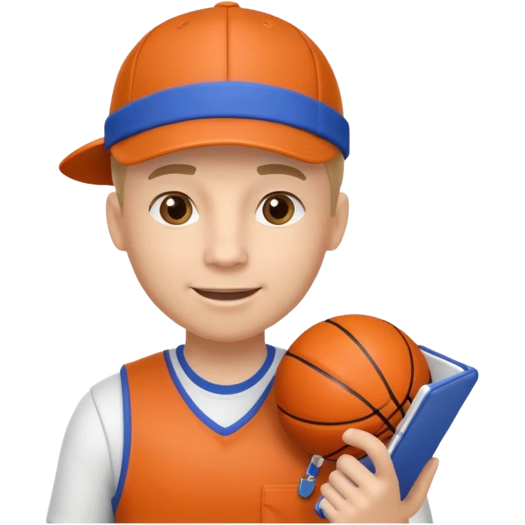 cute basketball coach portrait, head and shoulders only, whistle, cap, clipboard strap, confident smile, 3D cartoon, mobile game icon style, clean background, no text, no watermark
 emoji