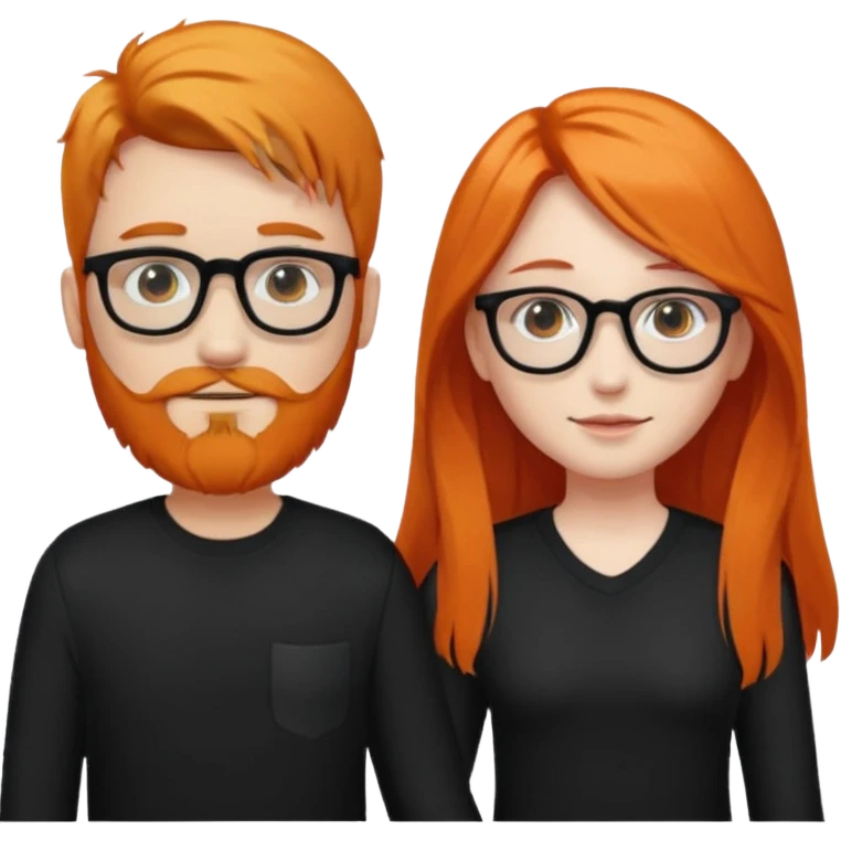 girl with long orange hair wearing no glasses and all black clothes and holding hands with boy with black hair and beard and glasses and pale skin emoji