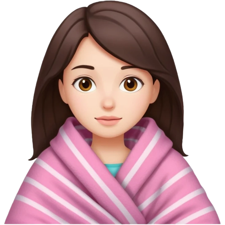 A brunette girl with a pink big cozy blanket emoji