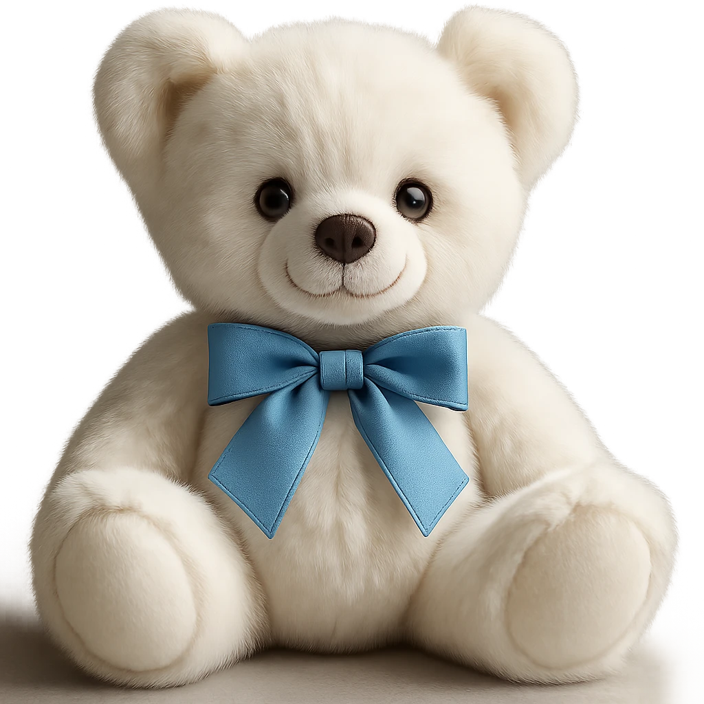 Change the teddy bear's fur to a realistic white color, keep soft lighting, and maintain a transparent background. The style should look realistic and natural with soft lighting effects. emoji