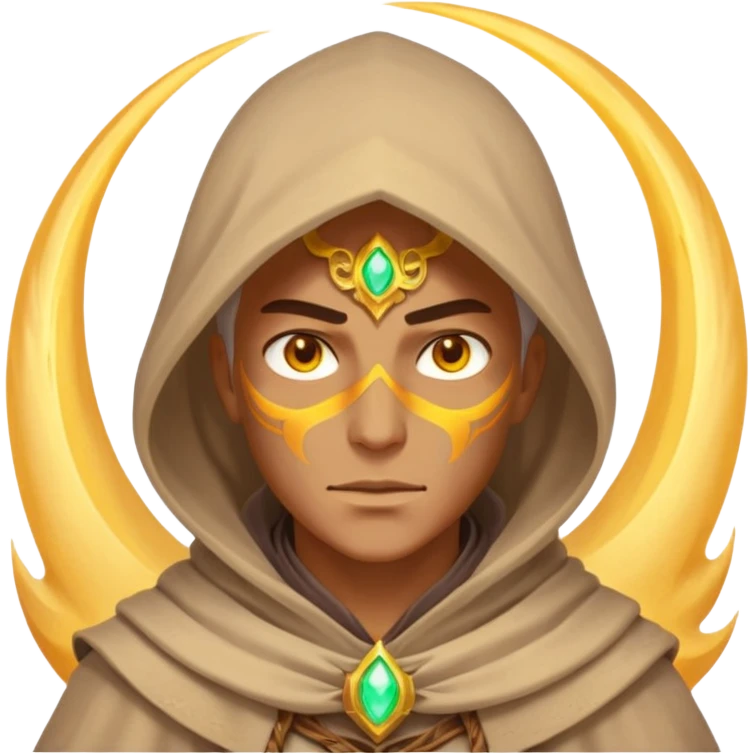 desert sand mage portrait, head and shoulders only, mystical hood, swirling sand aura, glowing eyes, fantasy vibe, 3D cartoon, mobile game icon style, clean background, no text, no watermark
 emoji