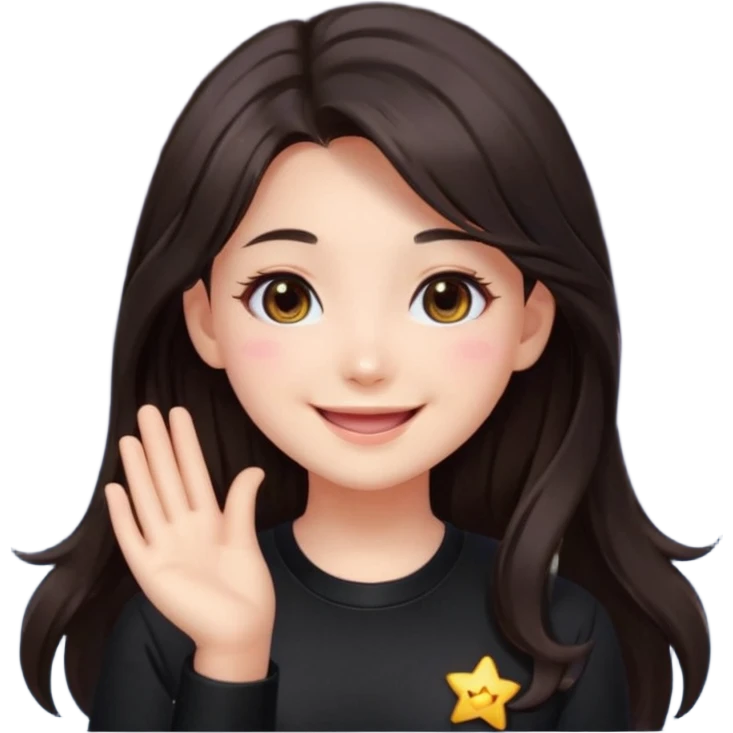 kawaii streamer girl, brunette, dark brown eyes, long dark hair, black outfit, smiling, sparkling eyes, blushing cheeks, happy expression, small stars around, emoji icon emoji