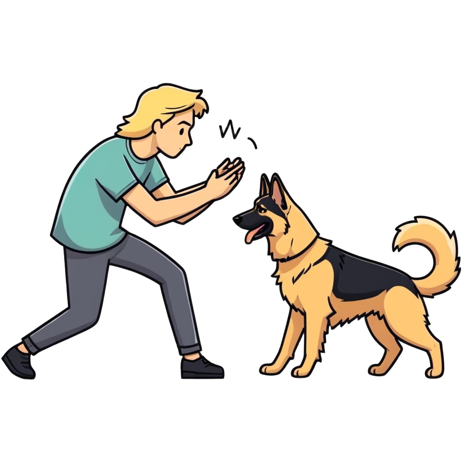 hippy man with long blonde hair playing with German shepherd emoji