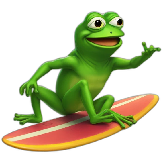 Pepe the frog surfing on a bitcoin emoji
