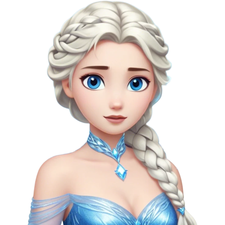 Cinematic Stunning Elsa Portrait Emoji, Ice-blue gown shimmering, platinum hair flowing in a graceful braid, piercing blue eyes glowing with icy magic, an aura of regal power and breathtaking beauty, frozen elegance at its finest! emoji