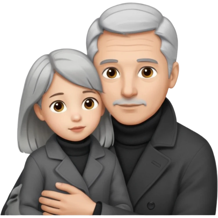 A father with silver-grey hair styled neatly and a clean-shaven face, wearing a dark turtleneck and wool coat, holding his girl child gently.  emoji