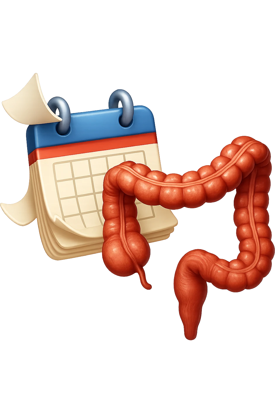 emoji stile iphone di un calendario con fogli che volano insieme a pezzi anatomici di colon umano, iperrealistico 4k, isolato su sfondo bianco emoji