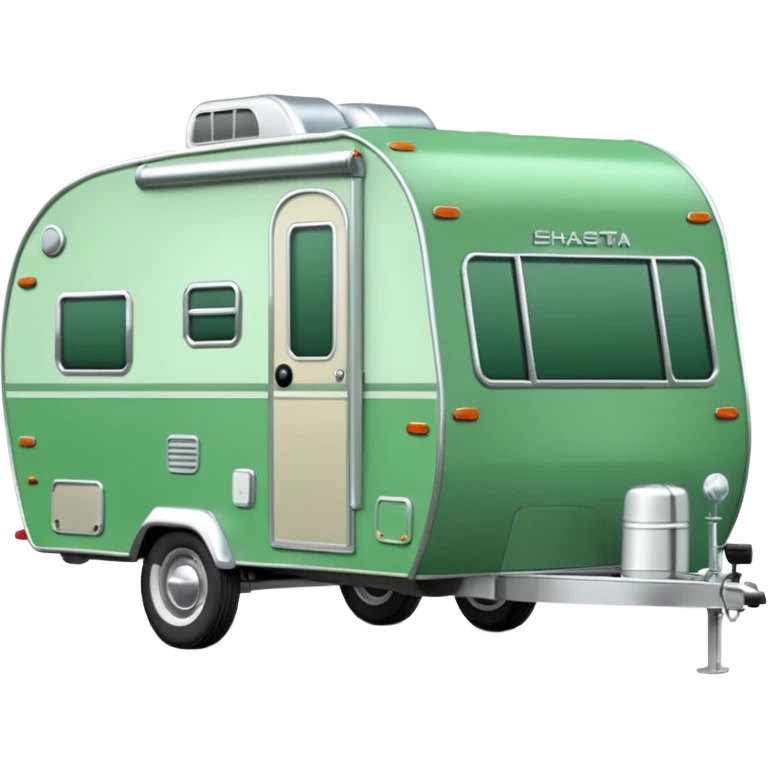 Shasta travel trailer, single wheel axle, colored all green, the same green shade as movie trailer green preview card, light grey tires and grey hitch emoji
