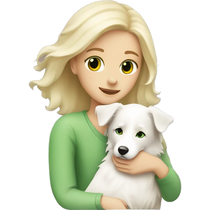 Blonde girl with Green eyes hugging white border collie emoji